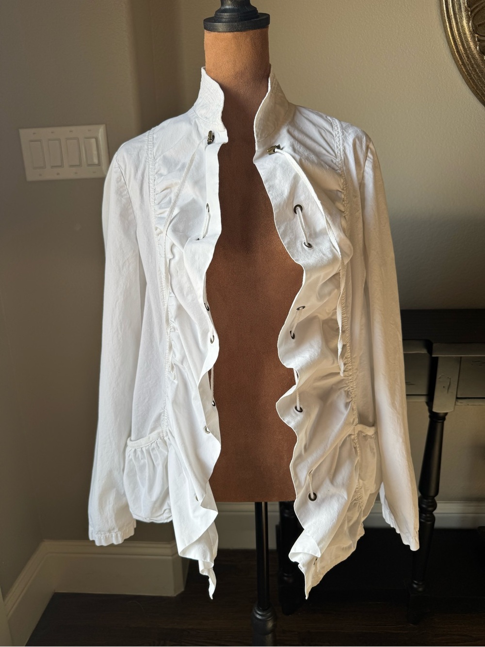 XCVI Wearables White Ruffle Lace-Up Grommet Jacket Size L Cotton Stretch Boho